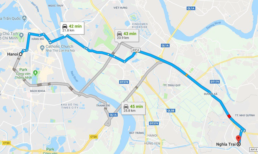 Bản đồ hướng dẫn các đường đi từ Hà Nội tới thôn Nghĩa Trai, Hưng Yên. Từ thị trấn Như Quỳnh (Hưng Yên), du khách rẽ chợ Như Quỳnh, Văn Lâm khoảng 2km là tới cánh đồng hoa cúc thôn Nghĩa Trai - Ảnh chụp màn hình