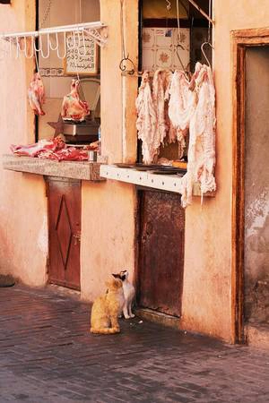 Thịt treo ở khu chợ Marrakesh, Maroc. 