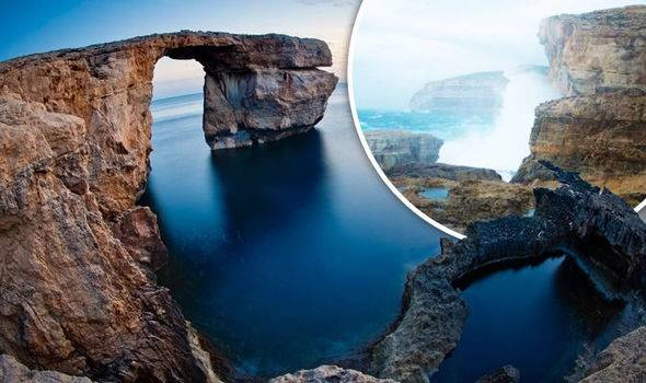 Mái vòm Azure Window trước và sau khi sụp đổ. Ảnh: Getty. Mái vòm Azure Window trước và sau khi sụp đổ. Ảnh: Getty.