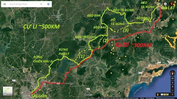 Cung đường Sài Gòn - Đà Lạt cho các bạn tham khảo. Cung màu xanh là cung đường mình đang nói tới, còn cung đường đỏ là QL20.