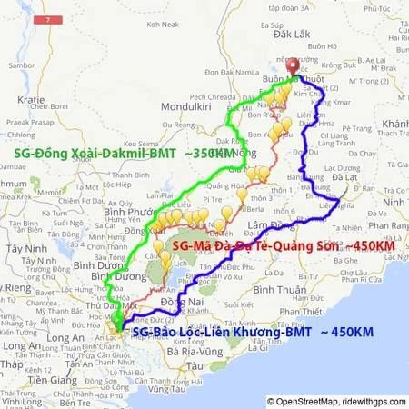 Cung đường nói đến trong bài này có màu đỏ, nằm ở giữa 2 cung chính từ Sài Gòn lên Buôn Mê Thuột.