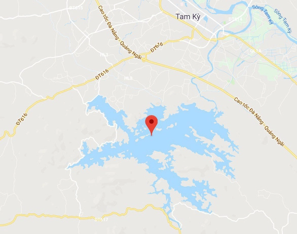 Vị trí hồ Phú Ninh (dấu đỏ) trên bản đồ - Ảnh chụp màn hình Vị trí hồ Phú Ninh (dấu đỏ) trên bản đồ - Ảnh chụp màn hình