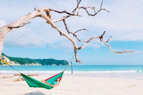 Bãi biển ở đây xanh và rất sạch sẽ. Giữa bờ cát trắng tinh có một cây khô được rất nhiều du khách lựa chọn để chụp ảnh. Ảnh: Instagram.