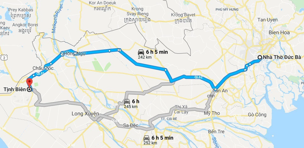 Bản đồ hướng dẫn 3 cách đi từ TP.HCM (Nhà thờ Đức Bà) tới Tịnh Biên (An Giang) - Ảnh chụp màn hình Bản đồ hướng dẫn 3 cách đi từ TP.HCM (Nhà thờ Đức Bà) tới Tịnh Biên (An Giang) - Ảnh chụp màn hình