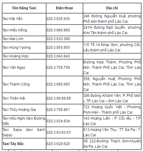 Một số hãng taxi uy tín cho bạn tham khảo thêm. Ảnh: dulichlaocai.vn