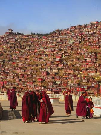   Nếu đã đi lạc chán chê quanh Larung Gar, thử ghé vào một tu viện bất kì. Các nhà sư ở đây luôn muốn gặp một người nước ngoài để tập nói tiếng Anh, có khi bạn sẽ được họ mời về nhà chơi nữa đấy. (Ảnh Internet)