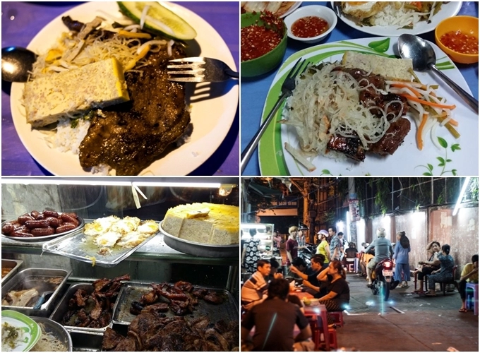 Cơm tấm ma - đường Đinh Tiên Hoàng, quận Bình Thạnh (16h - 4h) Quán có tên hẳn hoi, nhưng người dân quen gọi là cơm tấm ma do mở cửa muộn, là địa chỉ ăn đêm khá quen thuộc của người Sài thành, đặc biệt là dân lao động đi làm về muộn. Quán không chỉ hút khách nhờ cái tên độc đáo, mà còn ở chất lượng khá ổn. Sườn nướng chín vừa, thơm phức cả con hẻm và chả thì luôn được giữ nóng, mềm và ngậy. Giá một phần ăn dao động từ 30.000 đến 45.000 đồng/đĩa. Cơm tấm ma - đường Đinh Tiên Hoàng, quận Bình Thạnh (16h - 4h) Quán có tên hẳn hoi, nhưng người dân quen gọi là cơm tấm ma do mở cửa muộn, là địa chỉ ăn đêm khá quen thuộc của người Sài thành, đặc biệt là dân lao động đi làm về muộn. Quán không chỉ hút khách nhờ cái tên độc đáo, mà còn ở chất lượng khá ổn. Sườn nướng chín vừa, thơm phức cả con hẻm và chả thì luôn được giữ nóng, mềm và ngậy. Giá một phần ăn dao động từ 30.000 đến 45.000 đồng/đĩa.