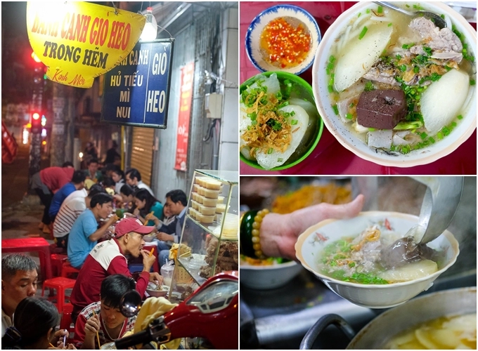 Bánh canh giò heo - đường Lê Quang Định, quận Bình Thạnh (18h - 24h) Nằm trong hẻm nhỏ, menu không đa dạng nhưng quán lúc nào cũng đông đúc nhờ khúc giò to trong tô bánh canh đầy ắp, có giá tầm 30.000 đồng. Điểm nhấn của quán là nước mắm ngọt chấm giò sền sệt, vắt thêm vài giọt tắc chua chua vào nữa là hết sẩy, khiến bạn nghiện ngay món ăn chóng béo này. Ngoài ra, bạn có thể đổi thành nui, hủ tiếu, mì tùy ý. Bánh canh giò heo - đường Lê Quang Định, quận Bình Thạnh (18h - 24h) Nằm trong hẻm nhỏ, menu không đa dạng nhưng quán lúc nào cũng đông đúc nhờ khúc giò to trong tô bánh canh đầy ắp, có giá tầm 30.000 đồng. Điểm nhấn của quán là nước mắm ngọt chấm giò sền sệt, vắt thêm vài giọt tắc chua chua vào nữa là hết sẩy, khiến bạn nghiện ngay món ăn chóng béo này. Ngoài ra, bạn có thể đổi thành nui, hủ tiếu, mì tùy ý.