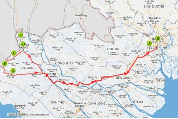 Bản đồ lịch trình di chuyển 2 ngày 1 đêm. Lưu ý, trong lịch trình, nếu bạn lấy TP Châu Đốc làm tâm để đến các điểm tham quan, điểm đến thứ 2 (B) và điểm đến thứ 4 (D) trùng nhau.