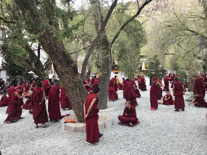Tu viện Sera là một trong những tu viện lớn nhất của Tây Tạng. Chúng tôi tới vào buổi chiều để được chứng kiến các nhà sư tranh luận. Từng nhóm sẽ có các đề tài rồi một người hỏi hào hứng, đập tay chan chát, người trả lời sẽ ngồi khá lặng lẽ. Nhiều bà mẹ thì đưa con cái đến tu viện để xin cầu sức khỏe bằng cách nhà sư sẽ quẹt chút ám khói từ đèn dầu bơ lên mũi bé. Ở trong các tu viện, đền chùa, mỗi ngóc ngách khe hở giữ bức tường, bao quanh tượng Phật là vô số tiền xu, tiền lẻ. Tôi hỏi Kunchok rằng đây là tập tục của người Tạng hay người Trung Quốc. Anh bảo đó là tập tục của người Tạng vì đối với họ tiền tài, vàng bạc, những mẻ lúa mạch hay dầu cải tốt nhất đầu mùa đều dành để dâng lên cúng Phật. Dường như ở Việt Nam cũng có tập tục này nhưng mang ý nghĩa trần tục hơn nhiều, Hương Giang chia sẻ.