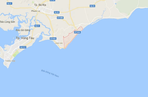 Vùng màu đỏ là nơi có cảng cá Phước Hải, huyện Đất Đỏ, tỉnh Bà Rịa - Vũng Tàu. Ảnh: Chụp màn hình. Vùng màu đỏ là nơi có cảng cá Phước Hải, huyện Đất Đỏ, tỉnh Bà Rịa - Vũng Tàu. Ảnh: Chụp màn hình.