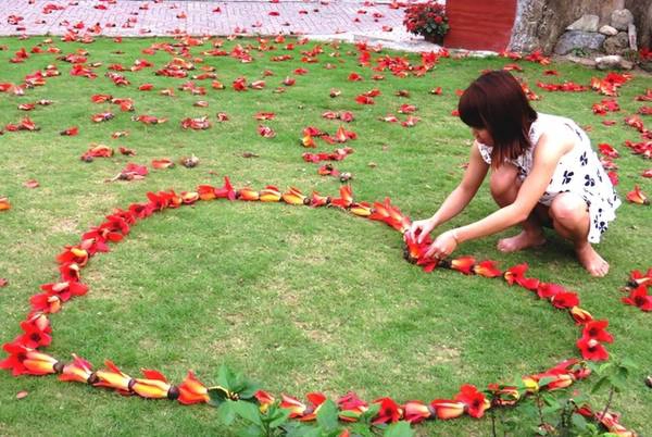 Một trái tim bằng hoa gạo được thiếu nữ kết từ cả trăm bông. Một trái tim bằng hoa gạo được thiếu nữ kết từ cả trăm bông.