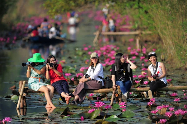 Rất đông bạn trẻ đến chùa Hương thời gian này để chụp ảnh và tận hưởng không gian đậm chất nông thôn Bắc bộ.