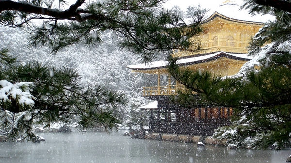 Chùa Kinkaku-ji quyến rũ trong làn tuyết trắng. Ảnh: flickr.com