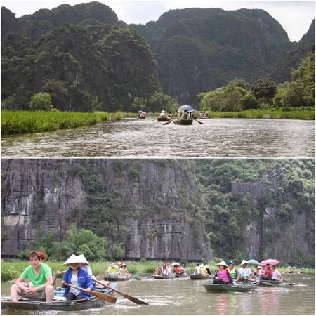 Du khách trên thuyền thăm Tam Cốc