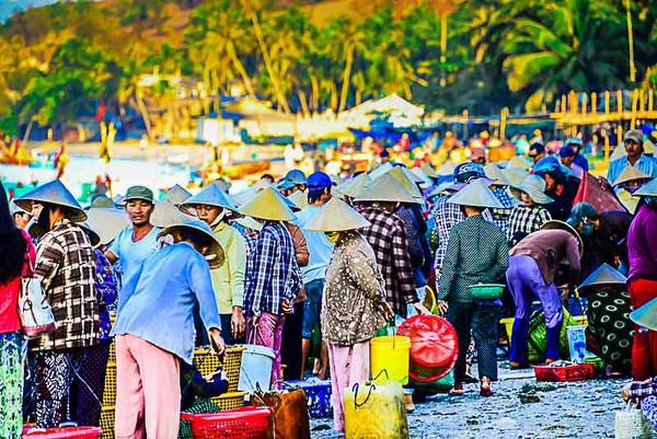 Những người phụ nữ đang đợi chồng với chiếc thuyền đong đầy tôm, cá, cua, ghẹ,... Những người phụ nữ đang đợi chồng với chiếc thuyền đong đầy tôm, cá, cua, ghẹ,...