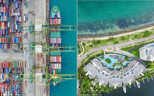 Những container chở hàng đầy màu sắc ở cảng Singapore và các ngôi nhà ven biển ở Sentosa Cove.
