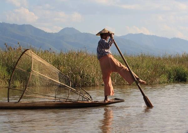 Chèo thuyền trên hồ.