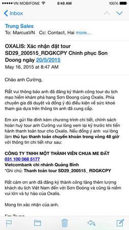 Thư xác nhận đặt tour thành công.