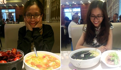Bát canh cà chua trứng to hơn đầu người.