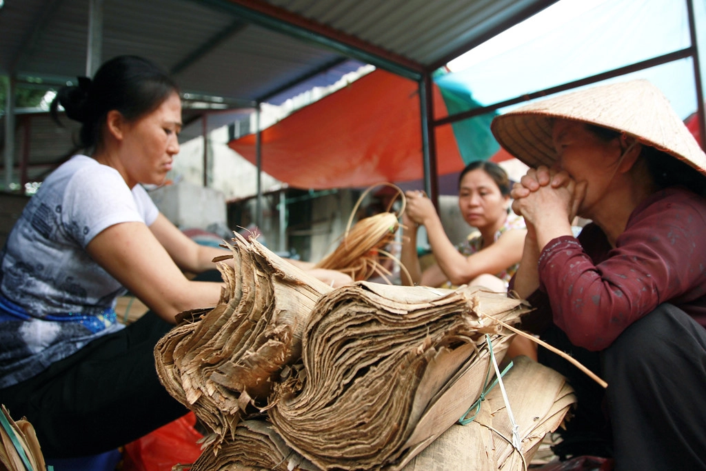Nhìn những chiếc nón trắng cả mặt trong lẫn mặt ngoài, ít người biết rằng nón Chuông còn cần một lớp mo lành hanh (hay còn gọi là vầu - một họ nhà tre) lót giữa để tạo độ cứng. Cả chợ chỉ có khoảng 2-3 người bán loại mo này nên khách ghé mua hàng tấp nập.