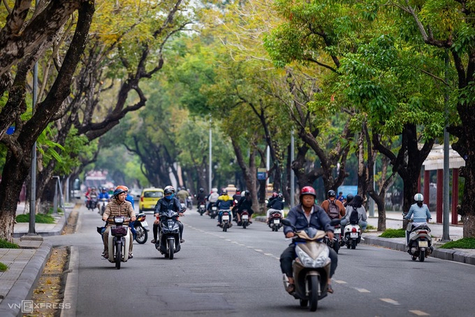 Hai hàng cây gồm những loài như phượng, long não, muối trên đường Lê Lợi nhuộm lá vàng trong tiết trời cuối thu. Địa danh nằm bên bờ sông Hương được xem là con đường chính của Huế, chạy qua trung tâm nghệ thuật Lê Bá Đảng, bảo tàng Điềm Phùng Thị, công viên 3 tháng 2...