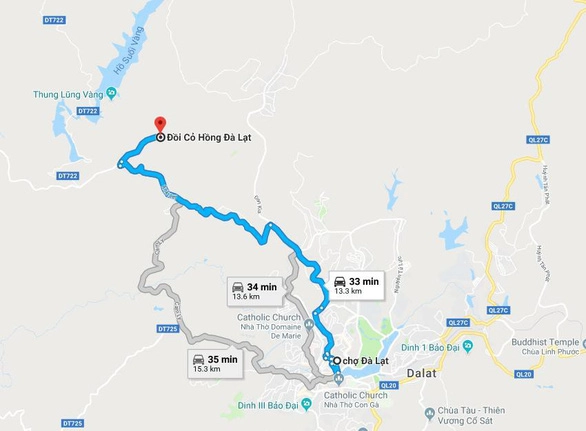 Bản đồ chỉ dẫn đi từ chợ Đà Lạt đến ngắm đồi cỏ hồng gần Thung lũng vàng