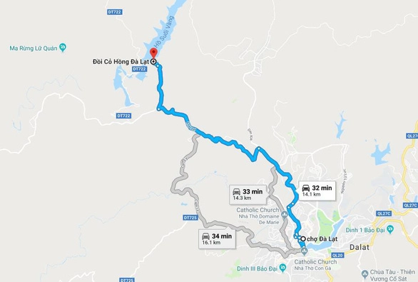 Bản đồ chỉ dẫn đi từ chợ Đà Lạt đến ngắm đồi cỏ hồng tại hồ Suối Vàng
