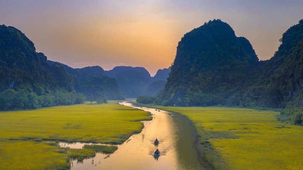 Tọa lạc tại xã Ninh Hải, huyện Hoa Lư, Ninh Bình, Tam Cốc những ngày cuối tháng 5 rực vàng bởi sắc màu của những cánh đồng lúa chín. Khoảng thời gian này, nơi đây cũng diễn ra Tuần du lịch Ninh Bình năm 2019 với chủ đề sắc vàng Tam Cốc - Tràng An, thu hút rất nhiều du khách ghé thăm.