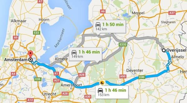 Đường đi từ Amsterdam tới Overijssel theo Google Maps. Đường đi từ Amsterdam tới Overijssel theo Google Maps.
