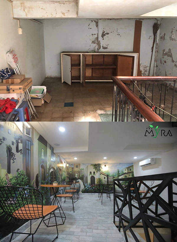 Trước khi cải tạo, ngôi nhà do lâu năm không tu sửa nên đã xuống cấp trầm trọng, tường nhà bị phồng rộp, tróc vữa. Sau khi xử lý, các chi tiết ở The Myra – Coffee & Tea đều mang đậm phong cách châu Âu, tinh tế, sang trọng và có hơi hướng cổ điển, với diện tích hai tầng, thoáng mát. Trước khi cải tạo, ngôi nhà do lâu năm không tu sửa nên đã xuống cấp trầm trọng, tường nhà bị phồng rộp, tróc vữa. Sau khi xử lý, các chi tiết ở The Myra – Coffee & Tea đều mang đậm phong cách châu Âu, tinh tế, sang trọng và có hơi hướng cổ điển, với diện tích hai tầng, thoáng mát.