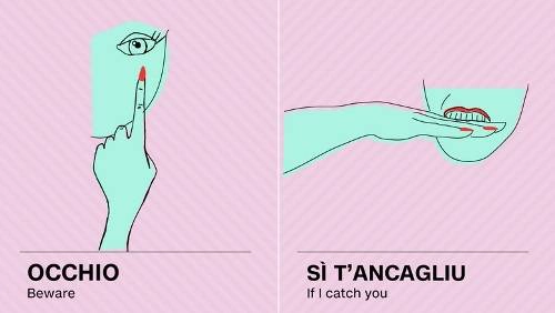 Hành động lấy ngón trỏ chỉ vào một bên mắt (hình trái) có nghĩa là cảnh báo người khác "cẩn thận đấy, tôi đang theo dõi từng bước anh làm, tôi không ngu ngốc đâu". Còn nếu đặt bàn tay ngang vào miệng và cắn, họ muốn nói rằng "Tôi mà bắt được thì anh gặp rắc rối to rồi". ngon-ngu-ky-hieu-tay-cua-nguoi-italy-ivivu-7