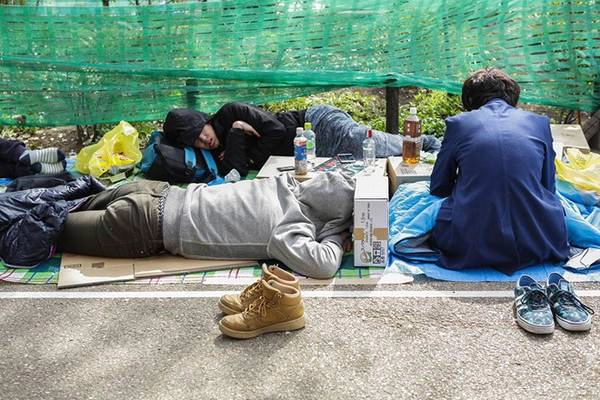 Các thanh niên tranh thủ chợp mắt trong lúc chuẩn bị cho bữa tiệc ngắm hoa. Ảnh: Taro Karibe/Getty Images. Các thanh niên tranh thủ chợp mắt trong lúc chuẩn bị cho bữa tiệc ngắm hoa. Ảnh: Taro Karibe/Getty Images.