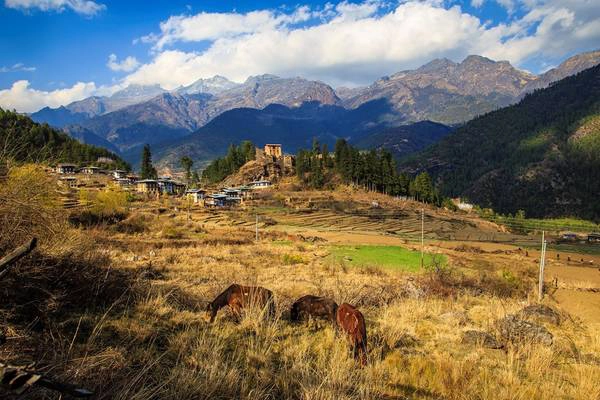 Pháo đài ở làng Drukgyel​, một trong những ngôi làng cổ nhất Bhutan - trong ánh hoàng hôn, phía sau là dãy núi biên giới giữa nằm giữa biên giới giữa Tây Tạng (Trung Quốc) và Bhutan. Pháo đài trên đỉnh đồi được xây năm 1649. Ảnh: Hải Piano.