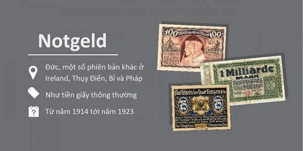 Notgeld: Notegeld (nghĩa là "tiền khẩn cấp" trong tiếng Đức) được dùng trong giai đoạn đầu của Thế chiến II, khi không đủ kim loại để đúc tiền xu. Được sử dụng từ 1914 tới 1923, Notgeld đạt đỉnh cao vào giai đoạn 1922-1923. Lượng Notgeld được phát hành vào giai đoạn đó nhiều đến mức phải dùng cả lụa và bìa làm nguyên liệu. Notgeld: Notegeld (nghĩa là "tiền khẩn cấp" trong tiếng Đức) được dùng trong giai đoạn đầu của Thế chiến II, khi không đủ kim loại để đúc tiền xu. Được sử dụng từ 1914 tới 1923, Notgeld đạt đỉnh cao vào giai đoạn 1922-1923. Lượng Notgeld được phát hành vào giai đoạn đó nhiều đến mức phải dùng cả lụa và bìa làm nguyên liệu.