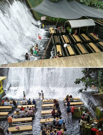 Nhà hàng thác Labassin, Villa Escudero Resort, Philippines, nơi thực khách được dùng bữa giữa thác nước - Ảnh: BOREDPANDA