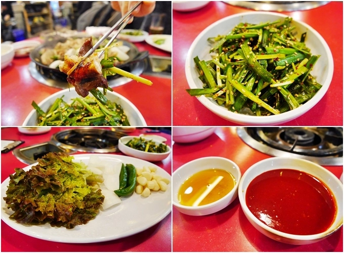 So với các món ăn khác của xứ củ sâm thì lòng nướng có ít đồ ăn kèm hơn, chỉ vài món làm vơi đi mùi đặc trưng của nội tạng như hẹ trộn mè, tỏi, ớt xanh, giá, hành tây ngâm chua cùng một nắm lá xà lách cho người thích ăn cuốn. Lòng thường được chấm với muối, dầu mè hoặc tương ớt. So với các món ăn khác của xứ củ sâm thì lòng nướng có ít đồ ăn kèm hơn, chỉ vài món làm vơi đi mùi đặc trưng của nội tạng như hẹ trộn mè, tỏi, ớt xanh, giá, hành tây ngâm chua cùng một nắm lá xà lách cho người thích ăn cuốn. Lòng thường được chấm với muối, dầu mè hoặc tương ớt.