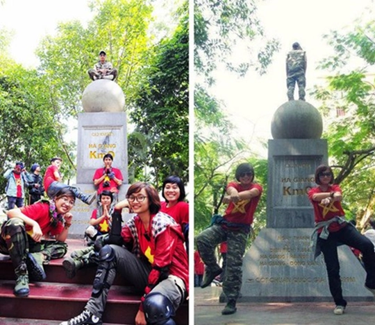 Câu chuyện trong nước về một trưởng đoàn phượt từng “vô thức” ngồi trên nóc cột mốc quốc gia tạo dáng, chụp hình đã từng gây phảm cảm và khiến số đông dư luận bất bình - Ảnh: VNExpress