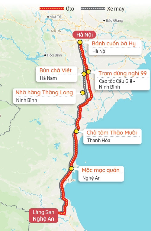 Điểm dừng chân gợi ý trên đường từ Hà Nội đi làng Sen, Nghệ An. Đồ họa: Tạ Lư.