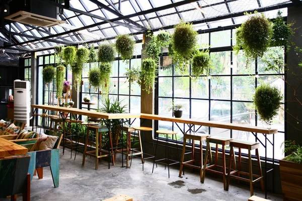 Không gian chính của quán là một ngôi nhà mái khung thép, bên trong không ngăn chia, một nửa các bức tường là vách kính và điểm nhấn thu hút chính là mảnh vườn treo. Không gian chính của quán là một ngôi nhà mái khung thép, bên trong không ngăn chia, một nửa các bức tường là vách kính và điểm nhấn thu hút chính là mảnh vườn treo.