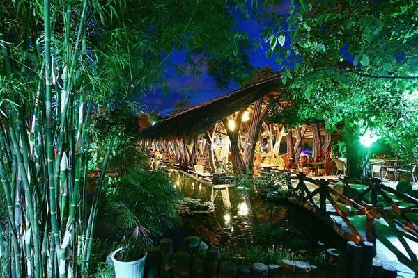Trong khu vườn xanh bao bọc quán, có cả những cây tre xanh tươi, gợi sự liên tưởng về loại vật liệu độc đáo của công trình.