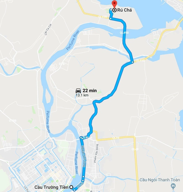Hướng dẫn đường đi từ cầu Trường Tiền tới Rú Chá - Ảnh chụp màn hình Hướng dẫn đường đi từ cầu Trường Tiền tới Rú Chá - Ảnh chụp màn hình