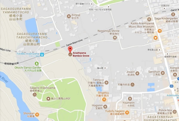 Rừng tre Arashiyama (dấu đỏ trên bản đồ) được CNN xếp vào top 100 con đường tuyệt nhất thế giới. Ảnh chụp màn hình.
