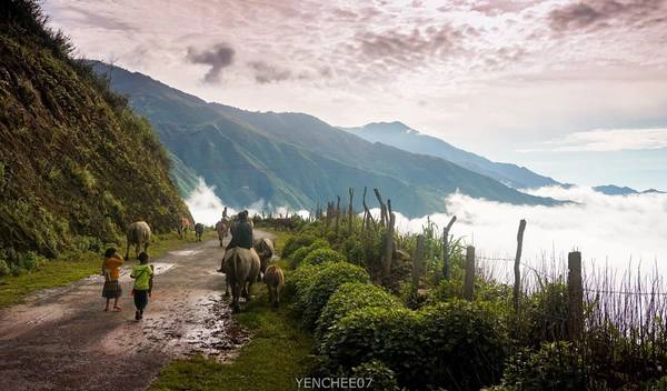 Con đường từ thị trấn Bắc Yên lên Tà Xùa dài 13 km. Trên đường, bạn có thể ngắm được toàn cảnh thị trấn Bắc Yên ẩn hiện trong những đám mây lơ lửng vắt qua núi. Ảnh: Hai Yen Chu.