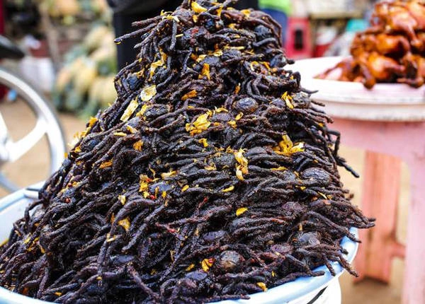 Món ăn từ nhện Tarantula phổ biến ở Campuchia bởi giàu protein, một số người còn cho rằng ăn món này có thể tăng sức mạnh đàn ông. Nhện Tarantula ăn có vị như thịt cua. Món ăn từ nhện Tarantula phổ biến ở Campuchia bởi giàu protein, một số người còn cho rằng ăn món này có thể tăng sức mạnh đàn ông. Nhện Tarantula ăn có vị như thịt cua.