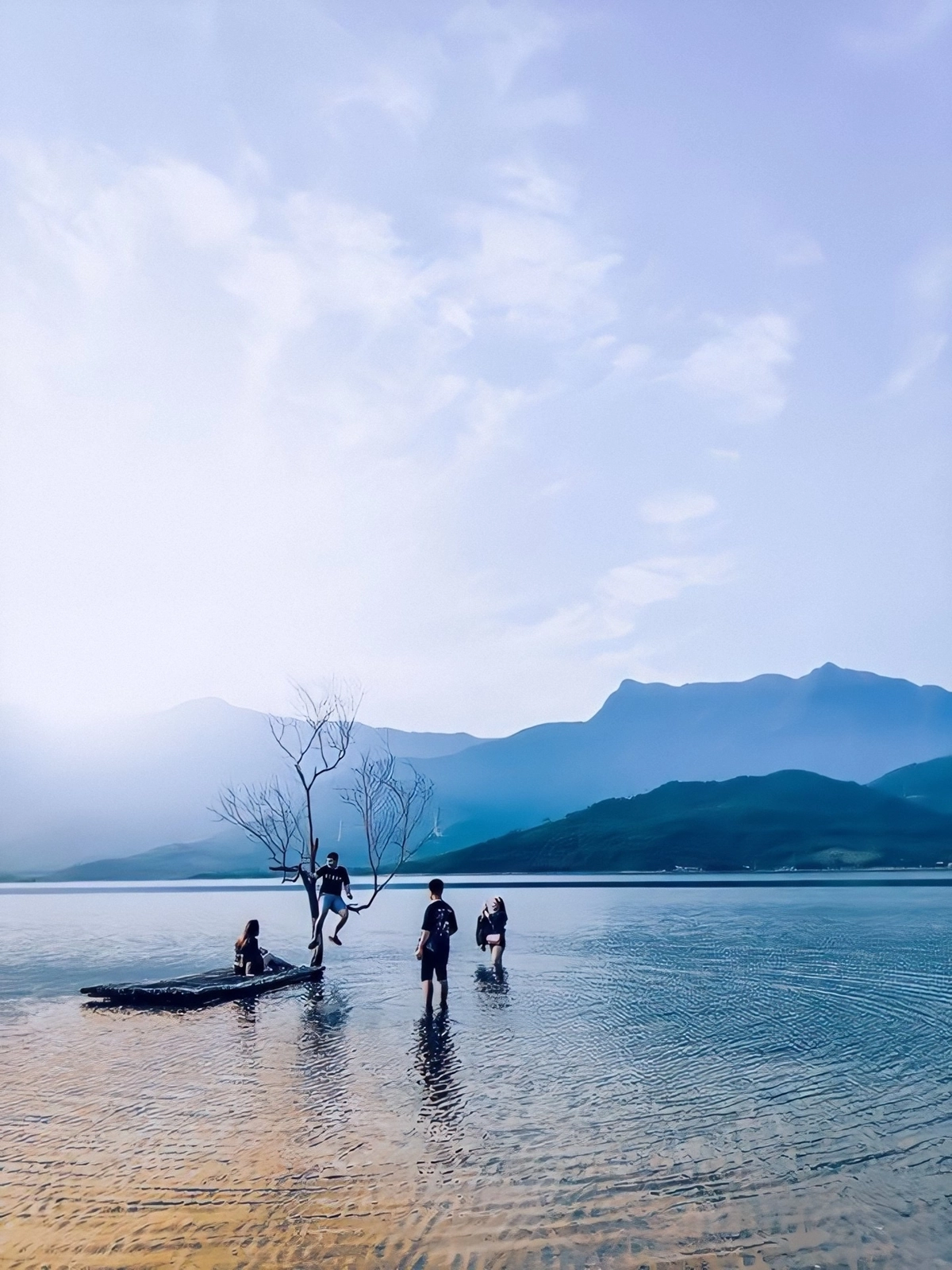 Nhóm bạn trẻ tạo dáng bên nhánh cây khẳng khiu và bè tre. Những dãy núi trùng điệp phía sau giúp khung cảnh thêm thi vị.