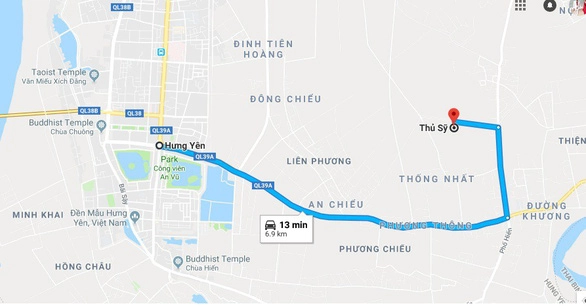 Hướng dẫn đường đi từ TP. Hưng Yên tới làng nghề đan đó Thủ Sỹ - Ảnh chụp màn hình