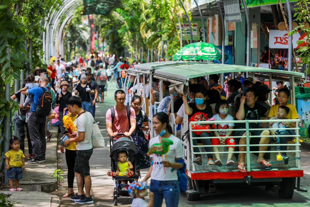 Ngày 23/4, Thảo Cầm Viên Sài Gòn (quận 1) đông đúc khách tham quan sau hơn một tuần mở cửa. Hoạt động trở lại sau dịch Covid-19, giá vé vào nơi này vẫn giữ nguyên, với 50.000 đồng cho người lớn và 30.000 cho trẻ nhỏ dưới 1m3.  Gần trưa, dù trời nắng gắt nhưng du khách vẫn nườm nượp đổ về các chuồng thú, khu vui chơi. Dịch vụ xe điện luôn kín chỗ.