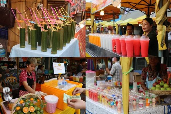 Những quầy hàng bán nước giải khát siêu hấp dẫn, vừa nhìn đã muốn thử nhiều món như: dưa hấu đá xay, nước cam, lựu ép kiểu Thái hay cocktail trong ống tre trông thật đẹp mắt. Giá cả rất "chợ phiên", khoảng 30 - 50 baht/phần (20.000 - 35.000 đồng), chất lượng thì "miễn bàn". Những quầy hàng bán nước giải khát siêu hấp dẫn, vừa nhìn đã muốn thử nhiều món như: dưa hấu đá xay, nước cam, lựu ép kiểu Thái hay cocktail trong ống tre trông thật đẹp mắt. Giá cả rất "chợ phiên", khoảng 30 - 50 baht/phần (20.000 - 35.000 đồng), chất lượng thì "miễn bàn".