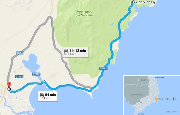Cung đường tôi lựa chọn để khám phá vẻ đẹp Phan Rang - Tháp Chàm dài khoảng 70 km, đi theo quốc lộ 1A, và tỉnh lộ 702. Ảnh: Google Maps. Cung đường tôi lựa chọn để khám phá vẻ đẹp Phan Rang - Tháp Chàm dài khoảng 70 km, đi theo quốc lộ 1A, và tỉnh lộ 702. Ảnh: Google Maps.
